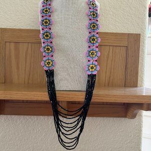 Beaded Waterfall necklace, Colorful beadwork with black beaded waterfall